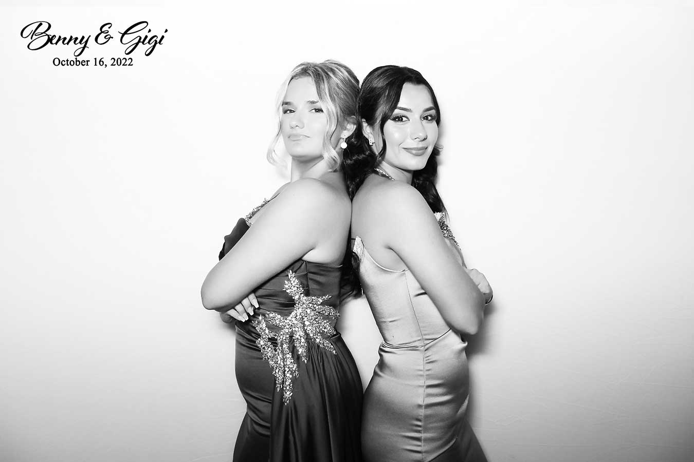 Glam Booth black and white photo of 2 girls posing back to back